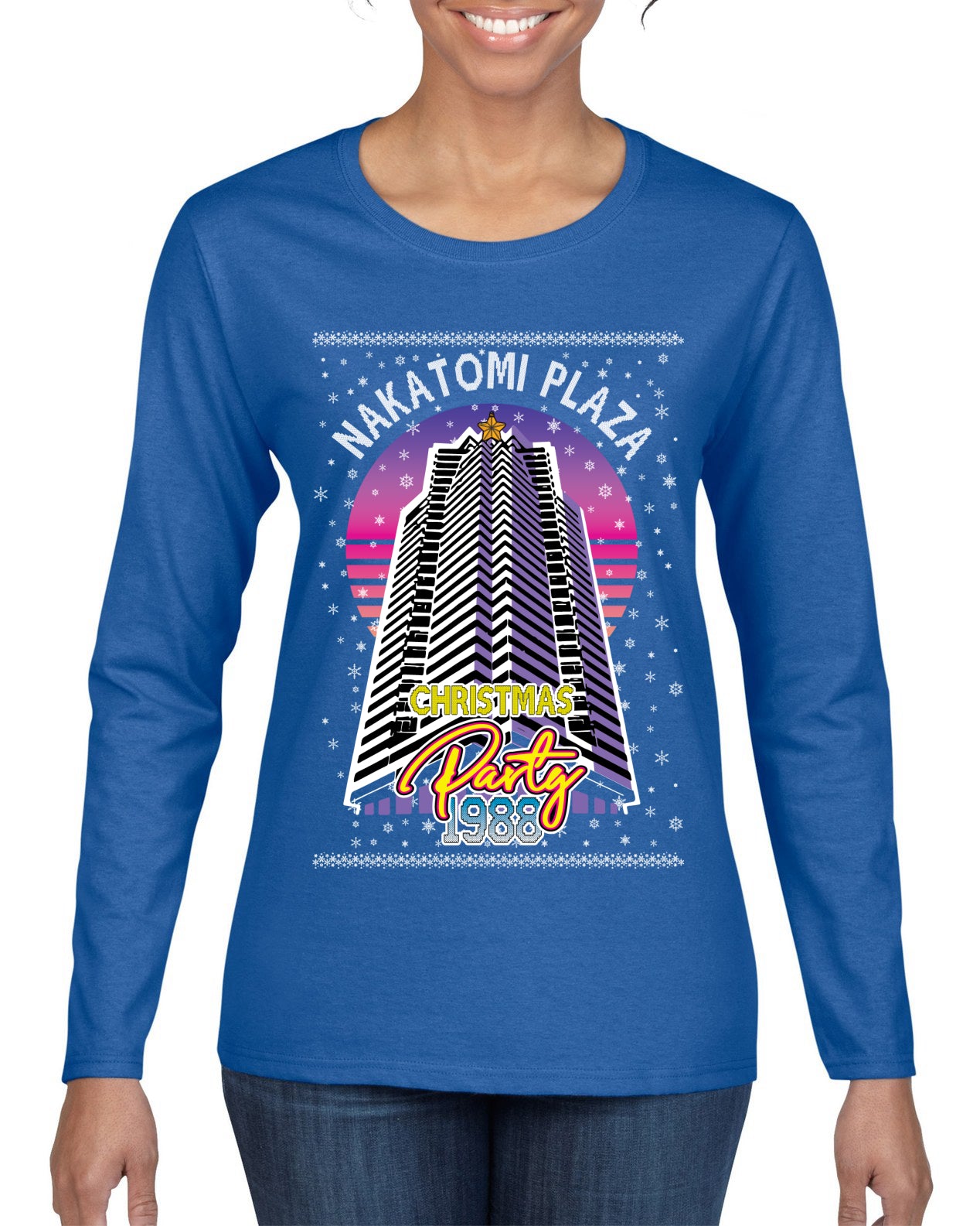 Retro Nakatomi Plaza 1988 Holiday Party Ugly Christmas Sweater Womens Graphic Long Sleeve T-Shirt