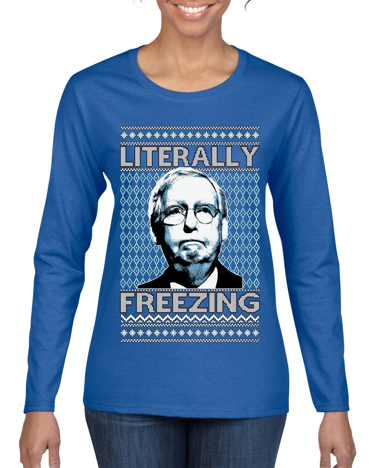 Literally Freezing McConnell Senator Ugly Christmas Sweater Womens Graphic Long Sleeve T-Shirt