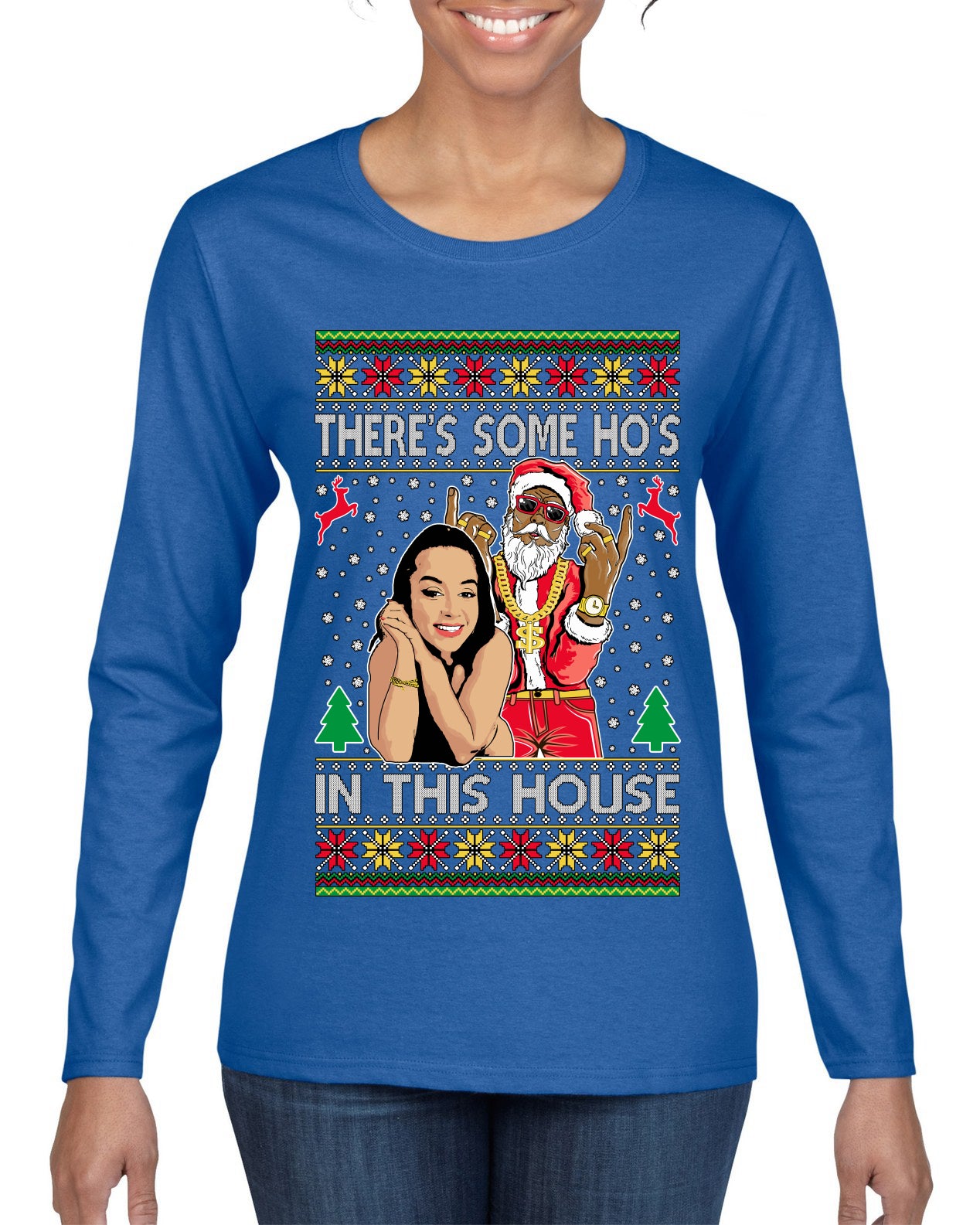 Santa the Plug Hos In This House Ugly Christmas Sweater Womens Graphic Long Sleeve T-Shirt