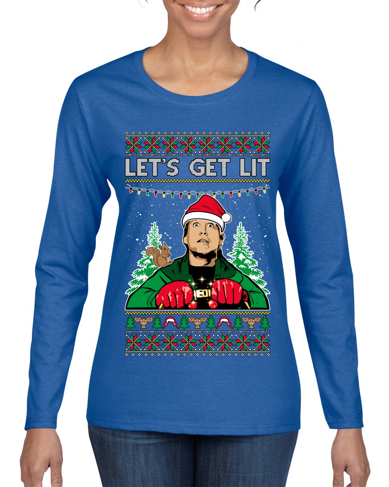 Let's Get Lit Clark Vacation Ugly Christmas Sweater Womens Graphic Long Sleeve T-Shirt