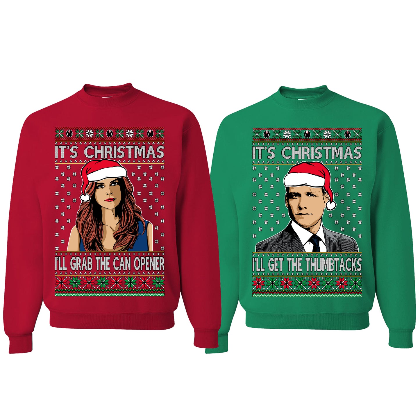 Harvey Donna I'll Get The Can Opener Thumbtacks TV Show Parody Ugly Christmas Matching Couples Crewneck Sweater