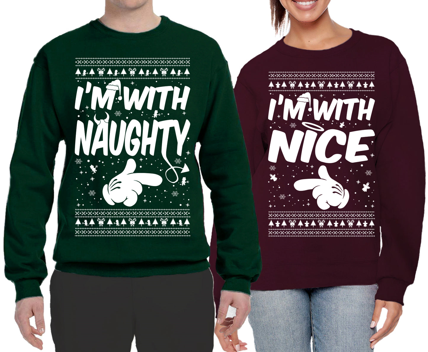 I'm With Naughty... I'm With Nice Ugly Christmas Sweater Matching Couples Crewneck Sweater