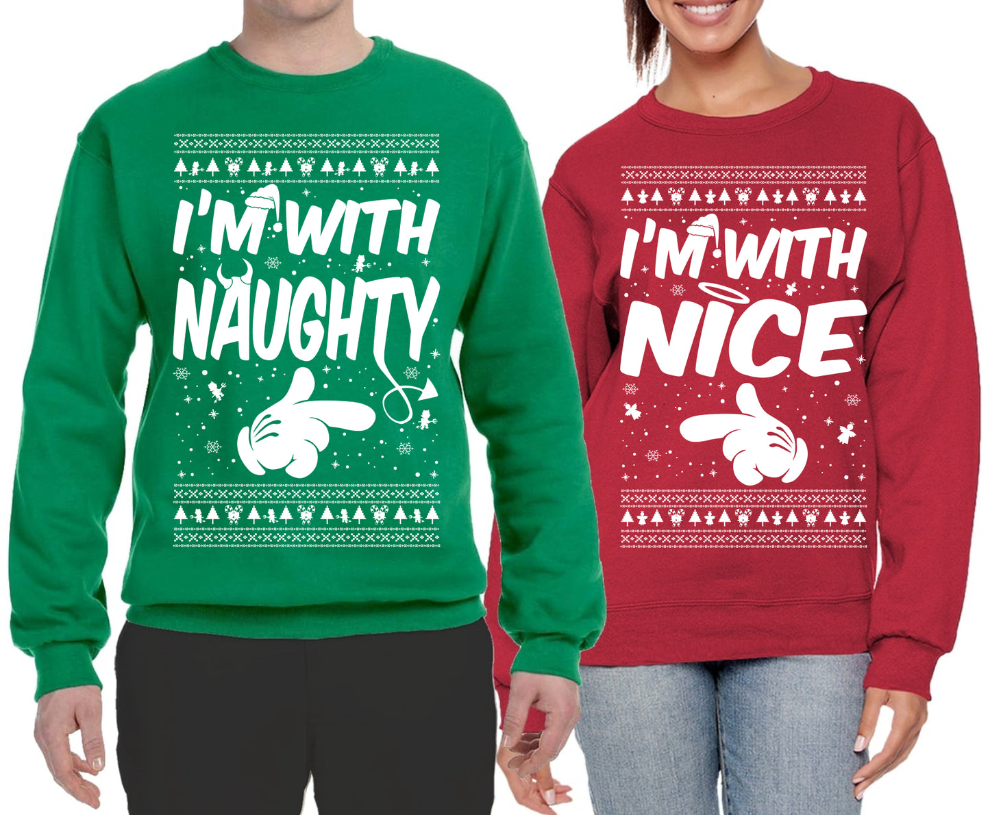 I'm With Naughty... I'm With Nice Ugly Christmas Sweater Matching Couples Crewneck Sweater