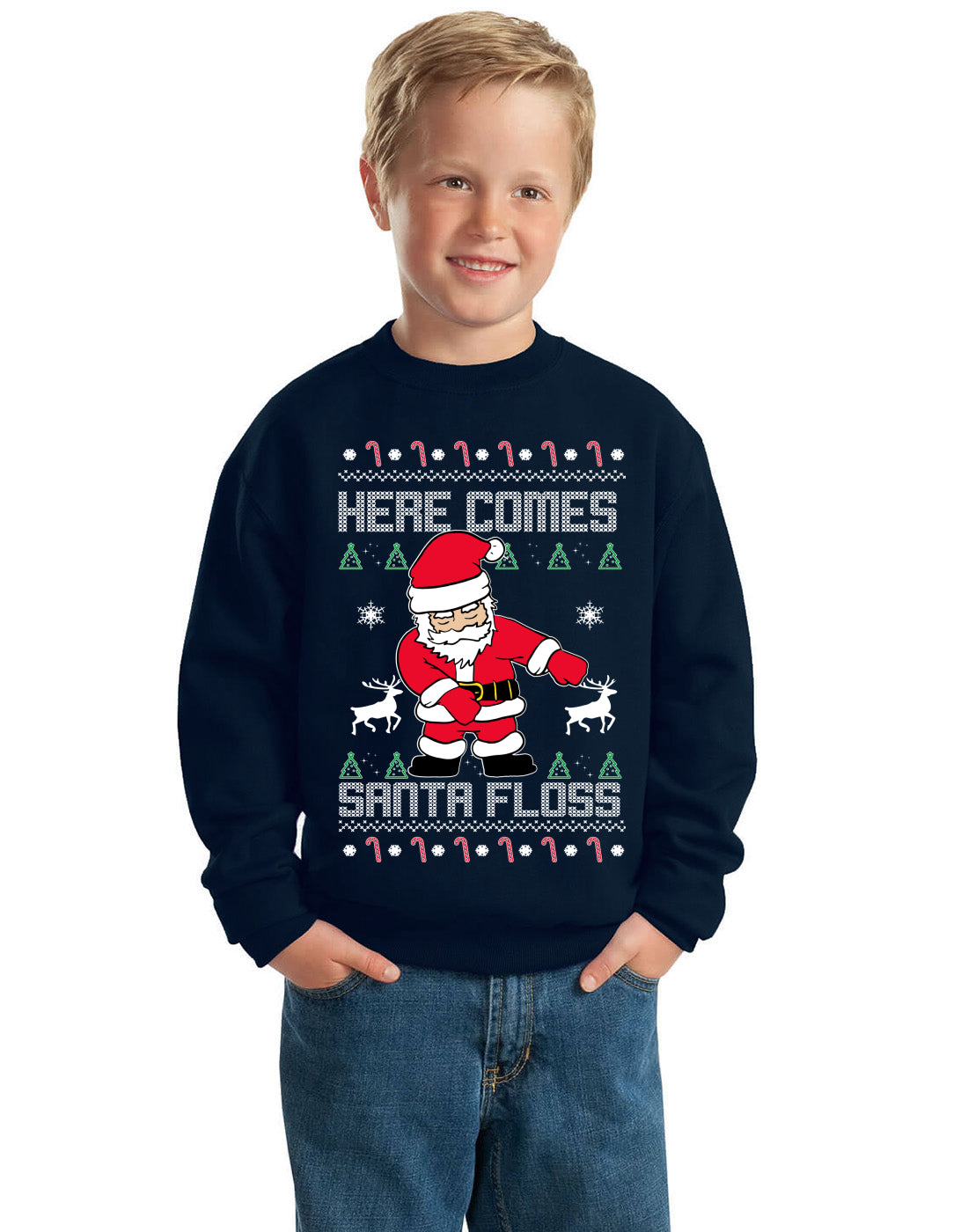 Here Comes Santa Floss Funny Dance Moves Kids Ugly Christmas Sweater Unisex Boys Girls Crewneck Graphic Sweatshirt