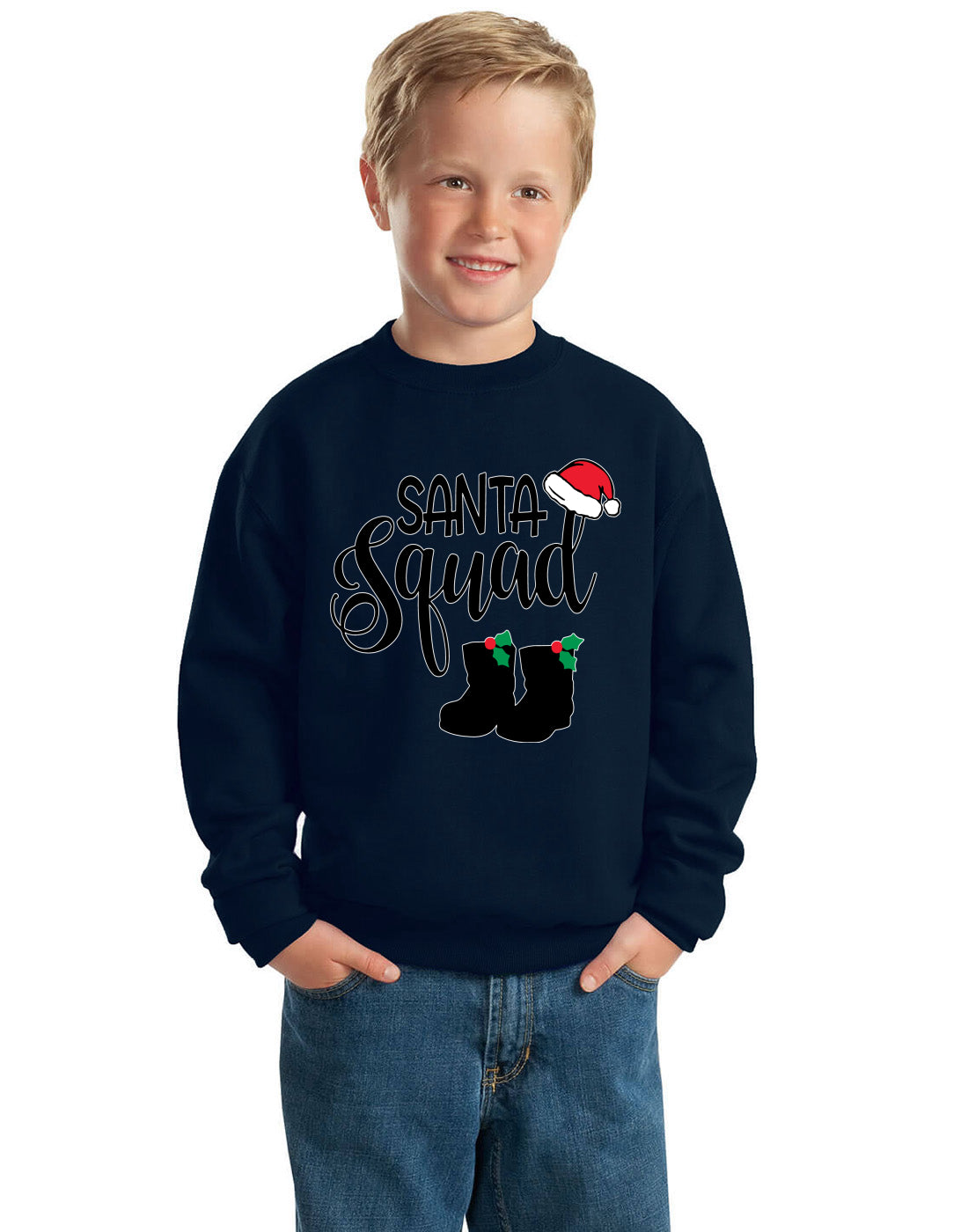 Santa Squad Xmas Hat Boots Ugly Christmas Sweater Boys Crewneck Graphic Sweatshirt