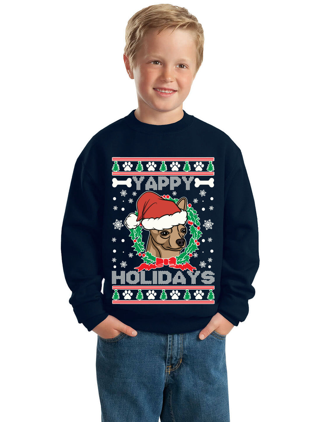 Yappy Holidays Ugly Christmas Sweater Unisex Boys Girls Crewneck Graphic Sweatshirt