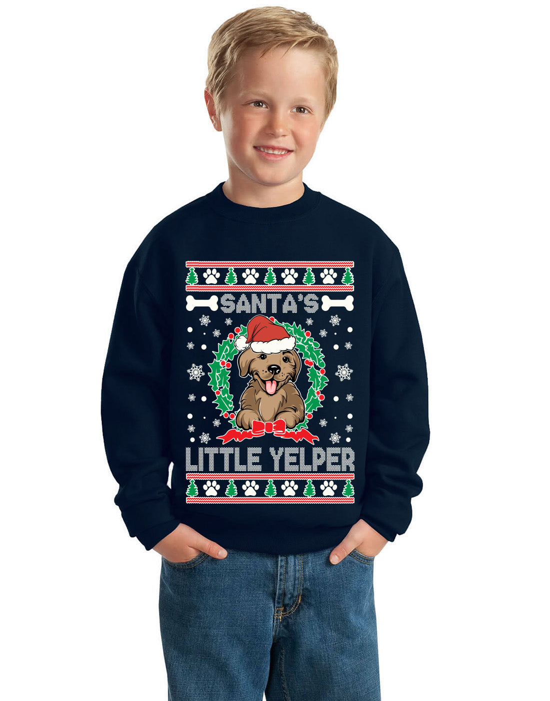 Santa's Little Yelper Ugly Christmas Sweater Unisex Boys Girls Crewneck Graphic Sweatshirt