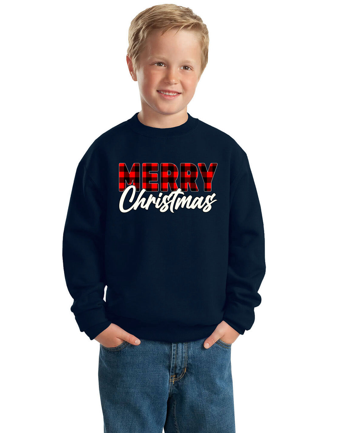 Merry Christmas Buffalo Plaid Christmas Unisex Boys Girls Crewneck Graphic Sweatshirt