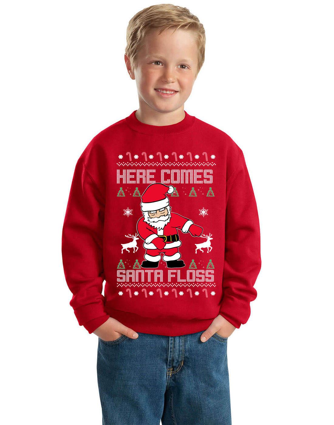 Here Comes Santa Floss Funny Dance Moves Kids Ugly Christmas Sweater Unisex Boys Girls Crewneck Graphic Sweatshirt