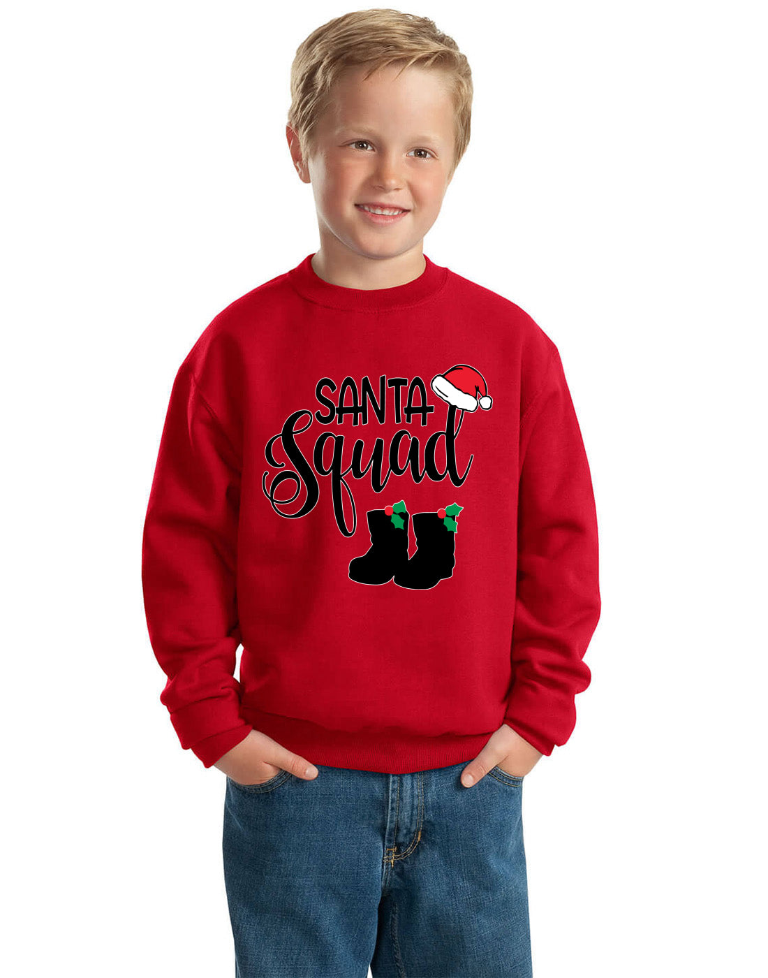 Santa Squad Xmas Hat Boots Ugly Christmas Sweater Boys Crewneck Graphic Sweatshirt