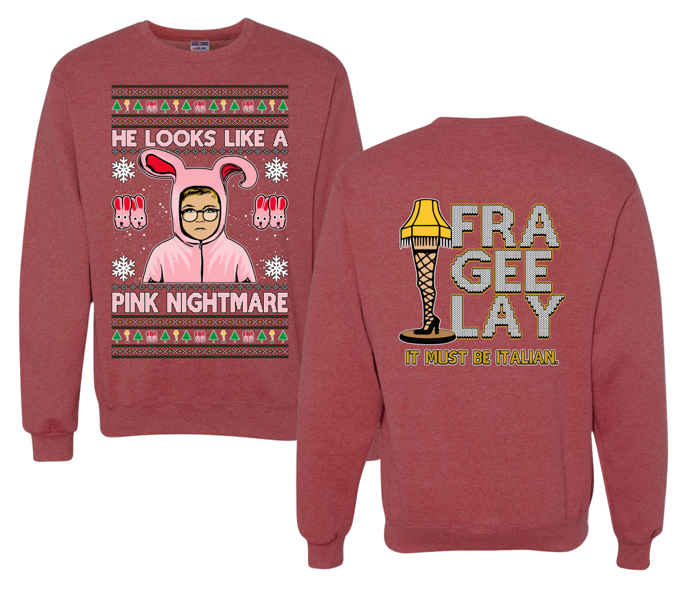 He Looks Like A Pink Nightmare Story Ugly Christmas Front and Back Sweater Unisex Crewneck Sweatshirt