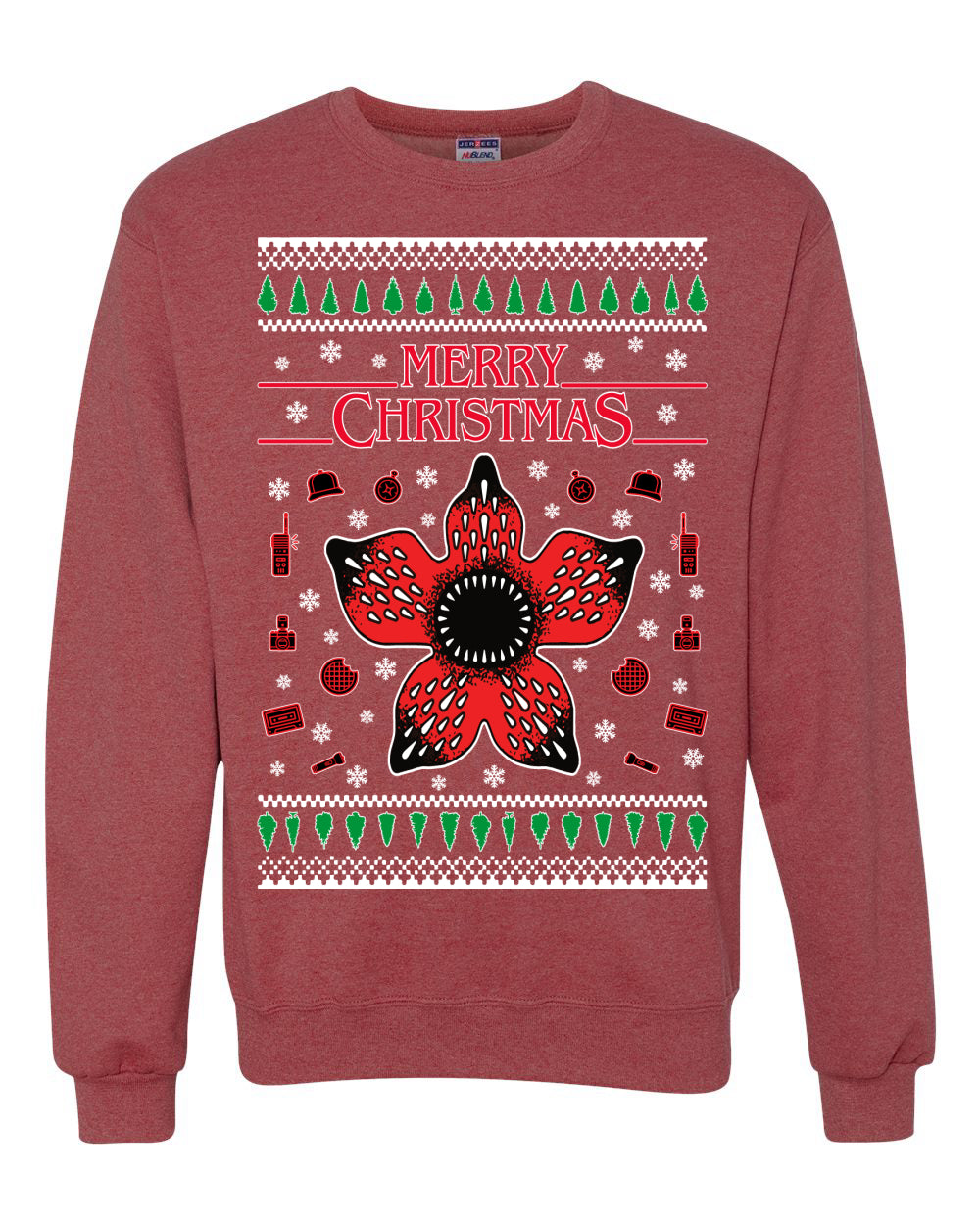 Merry Christmas collage of flower, phone, camera, and compass Christmas Unisex Crewneck Graphic Sweatshirt