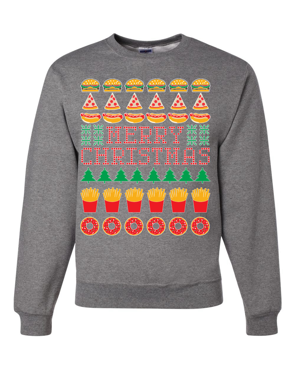 Merry Christmas Funny Junk Food Desert Foods Pizza Burger French Fries Merry Ugly Christmas Sweater Unisex Crewneck Graphic Sweatshirt