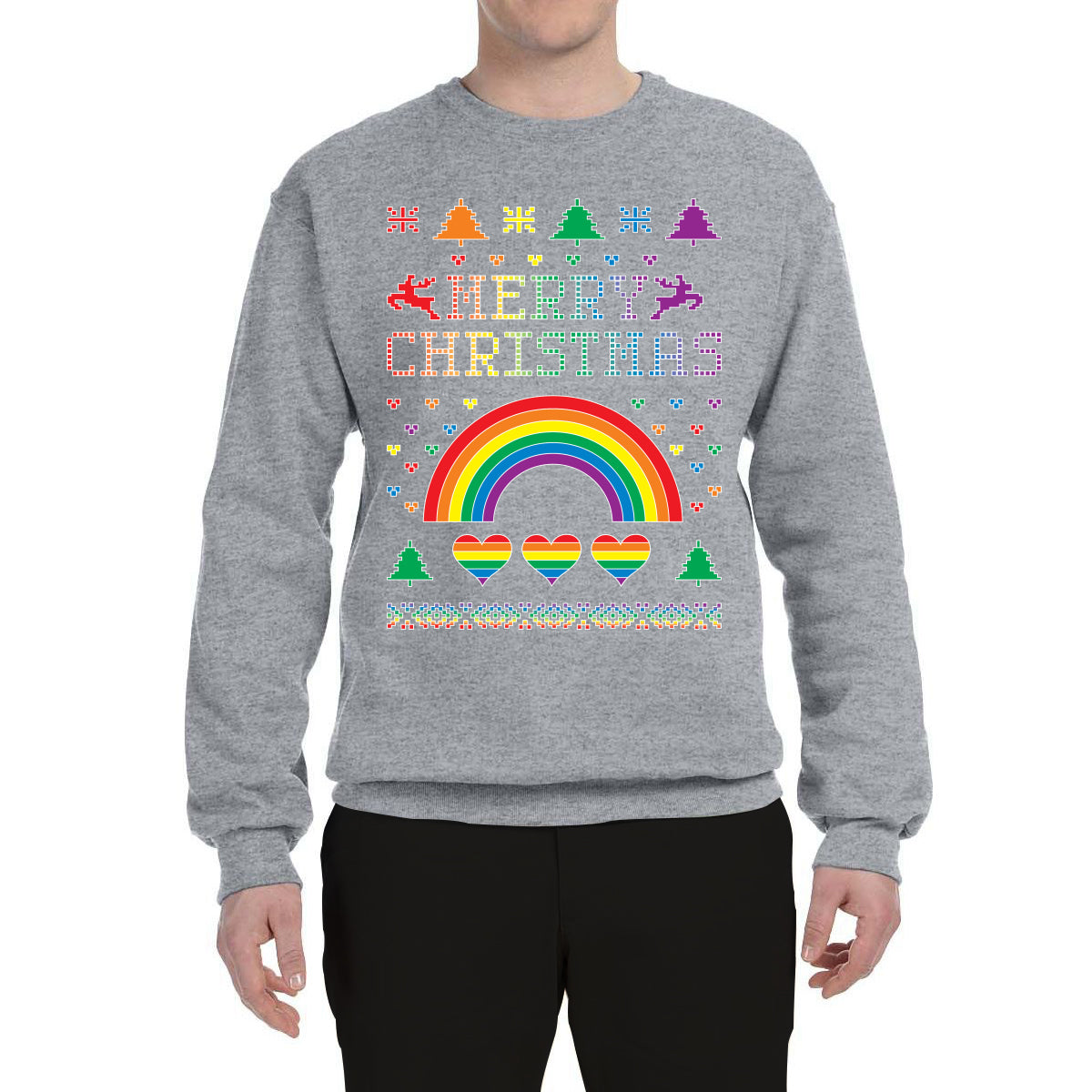 LGBT Rainbow Pride Hearts Reindeer Xmas Merry Ugly Christmas Sweater Unisex Crewneck Graphic Sweatshirt
