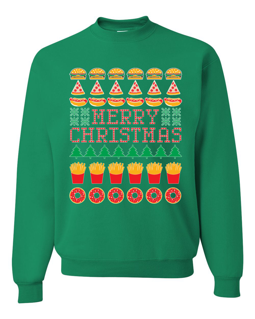 Merry Christmas Funny Junk Food Desert Foods Pizza Burger French Fries Merry Ugly Christmas Sweater Unisex Crewneck Graphic Sweatshirt