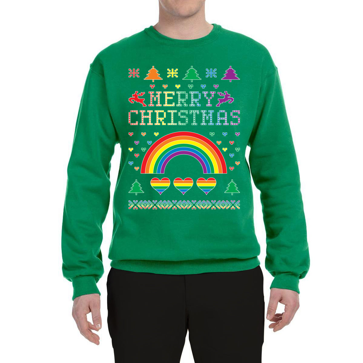 LGBT Rainbow Pride Hearts Reindeer Xmas Merry Ugly Christmas Sweater Unisex Crewneck Graphic Sweatshirt