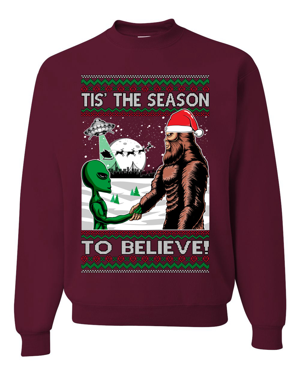 Bigfoot Tis' The Season to Believe in Conspiracies Aliens Ufo Ugly Christmas Sweater Unisex Crewneck Graphic Sweatshirt