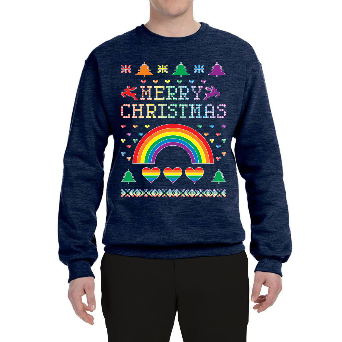 LGBT Rainbow Pride Hearts Reindeer Xmas Merry Ugly Christmas Sweater Unisex Crewneck Graphic Sweatshirt