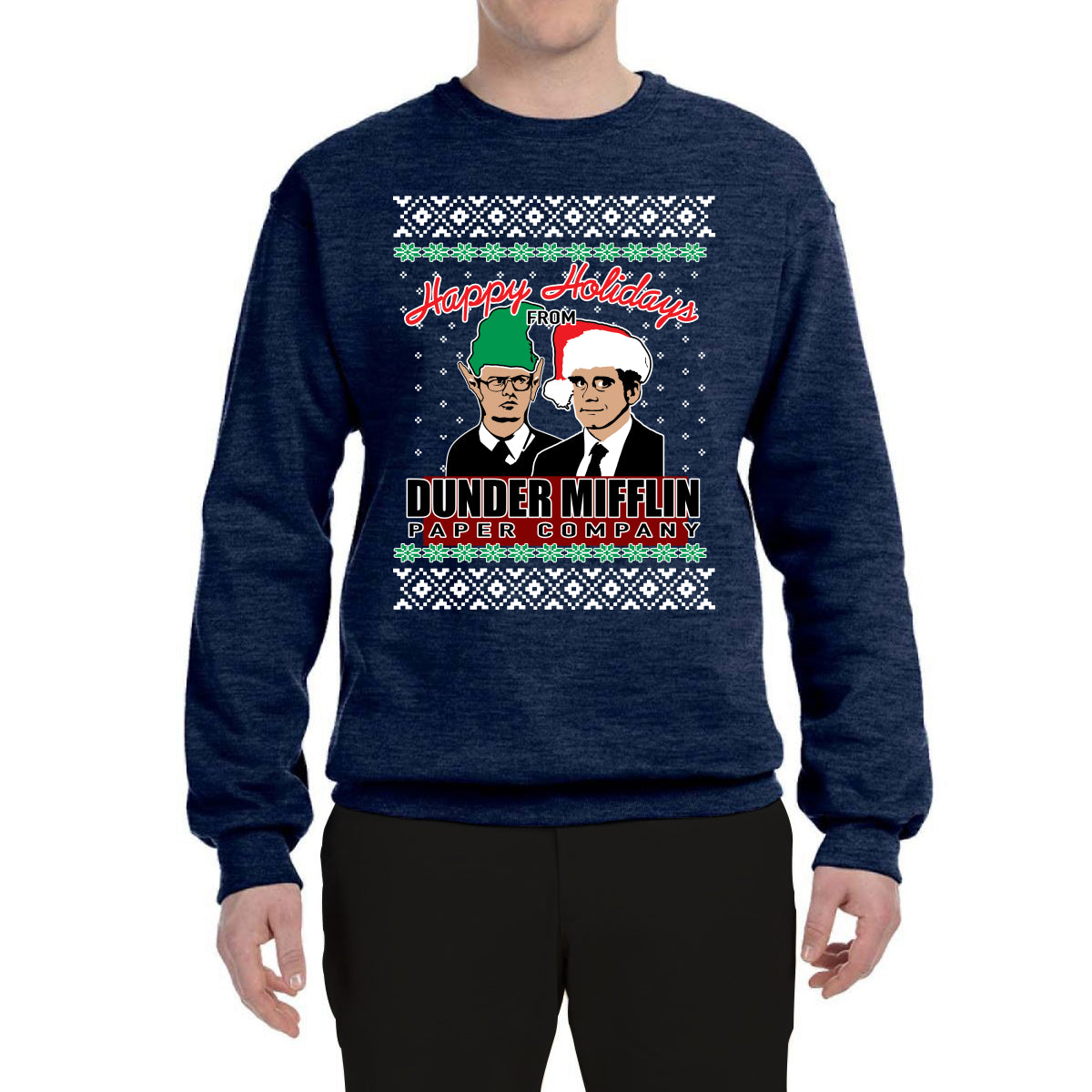 Happy Holidays From Dunder Mifflin Inc, Paper Company Mike and Dwight Ugly Christmas Sweater Unisex Crewneck Graphic Sweatshirt