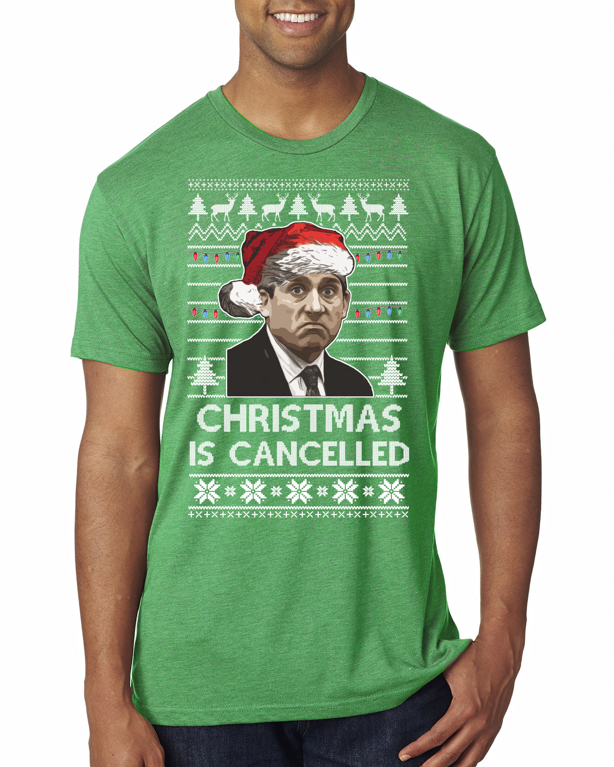 Christmas Is Cancelled Michael Scott Office Ugly Christmas Sweater Mens Premium Tri Blend T-Shirt