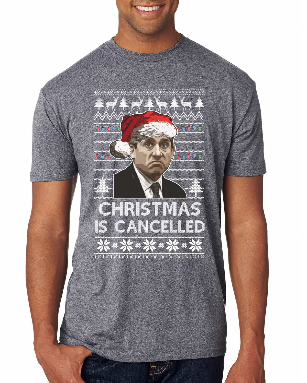 Christmas Is Cancelled Michael Scott Office Ugly Christmas Sweater Mens Premium Tri Blend T-Shirt