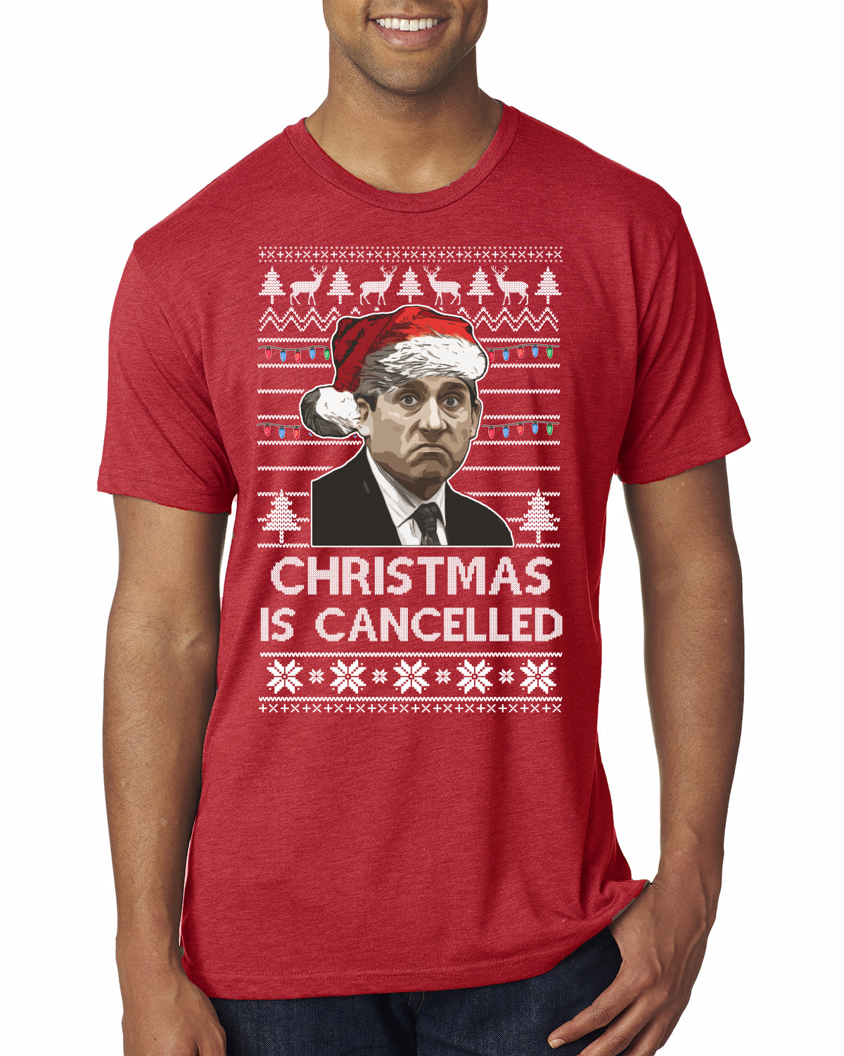 Christmas Is Cancelled Michael Scott Office Ugly Christmas Sweater Mens Premium Tri Blend T-Shirt