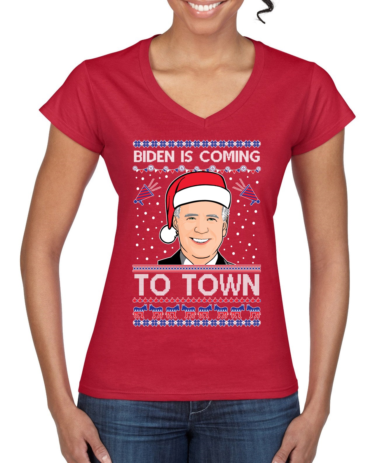 Biden Is Coming To Town Ugly Christmas Sweater Women’s Standard V-Neck Tee