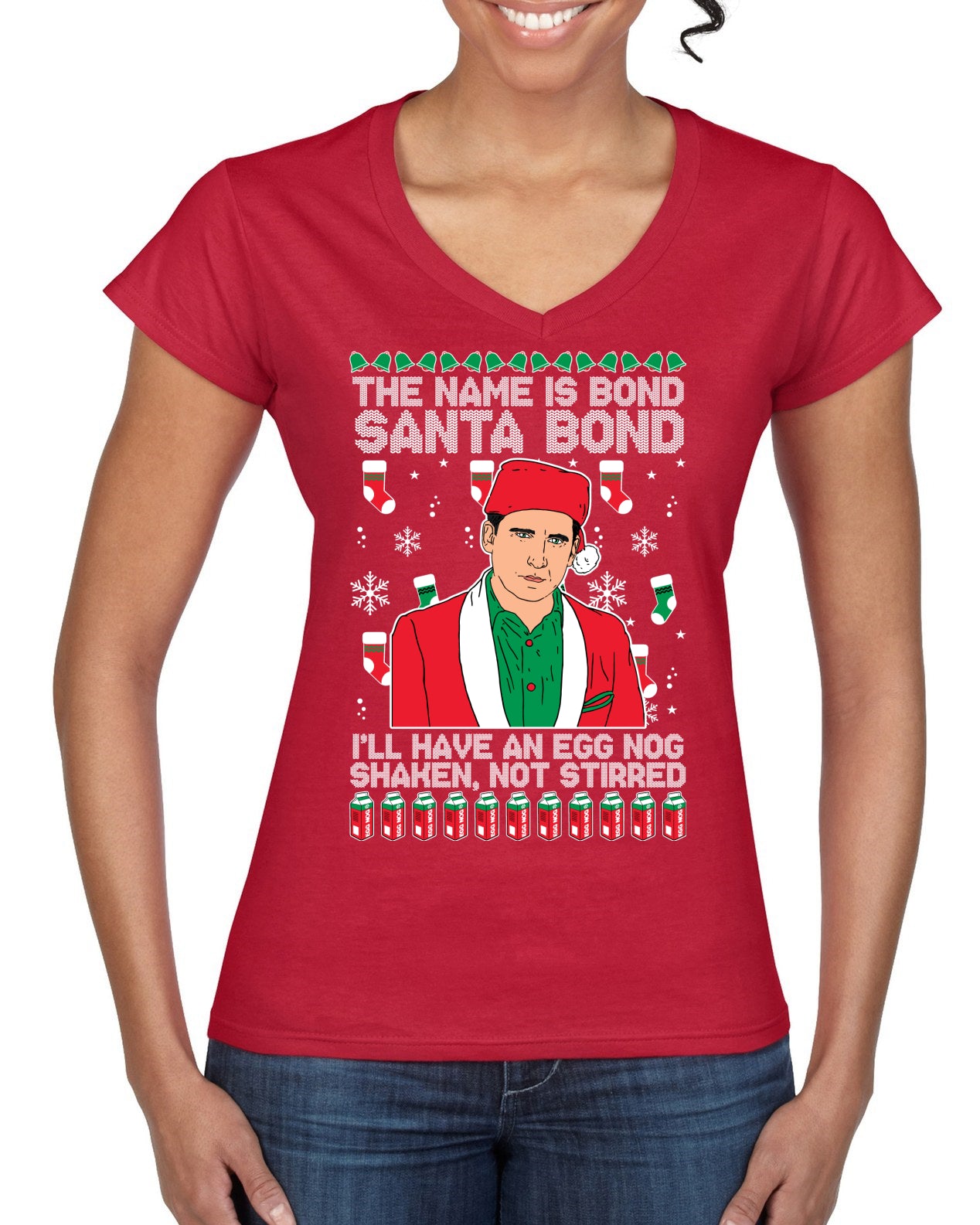 Michael Scott The Name is Bond Santa Bond Ugly Christmas Sweater Women’s Standard V-Neck Tee
