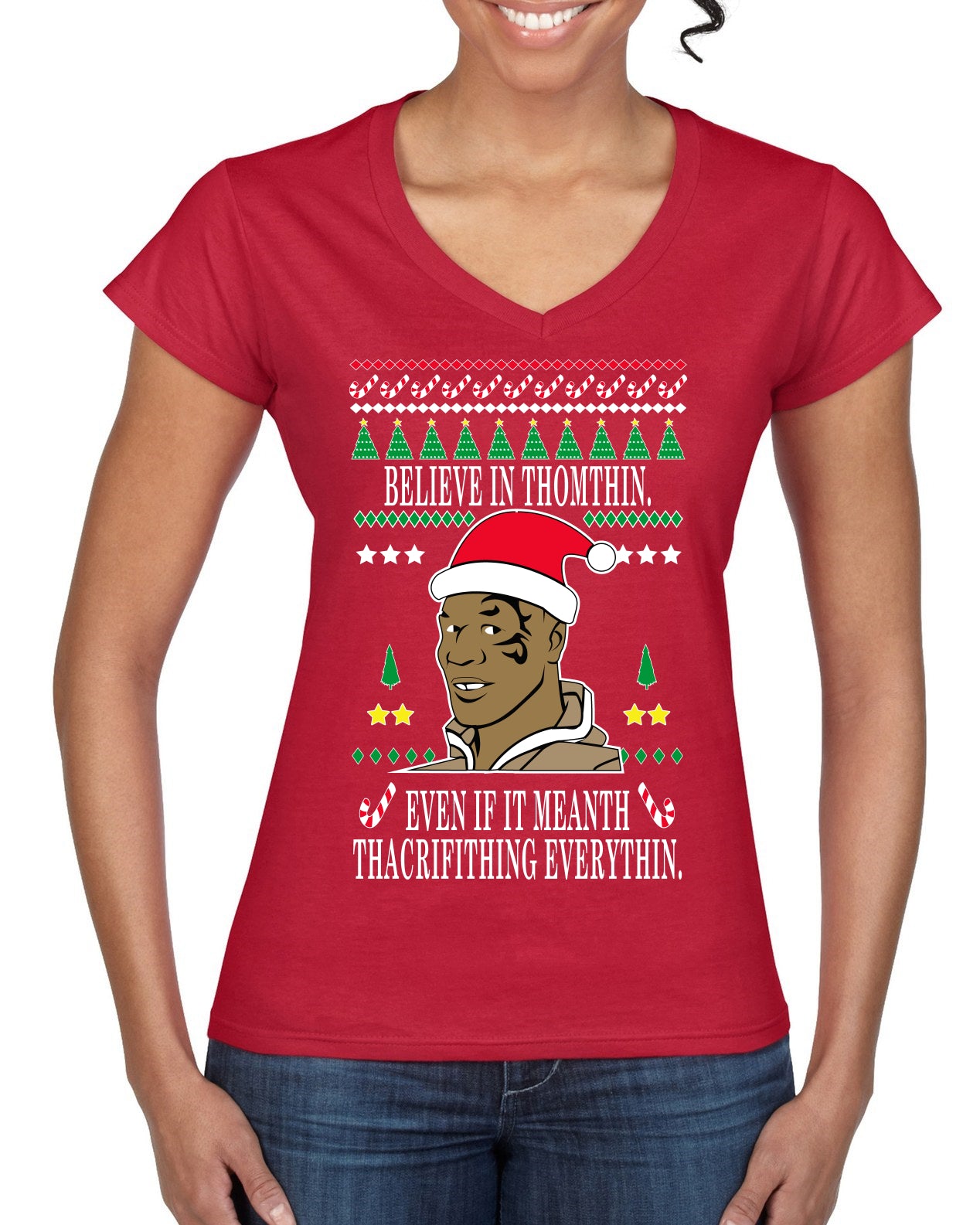 Tyson lisp Believe In Thomthin Thacrifithing Everythin Ugly Christmas Sweater Women’s Standard V-Neck Tee