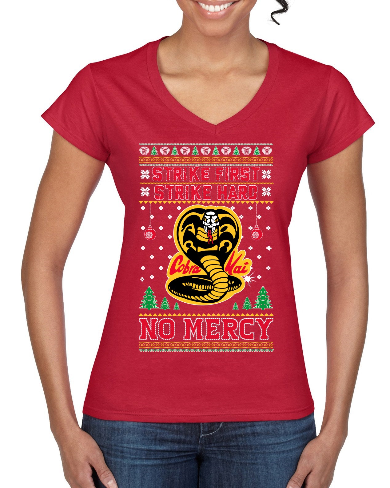 Strike First Strike Hard No Mercy Xmas Ugly Christmas Sweater Women’s Standard V-Neck Tee