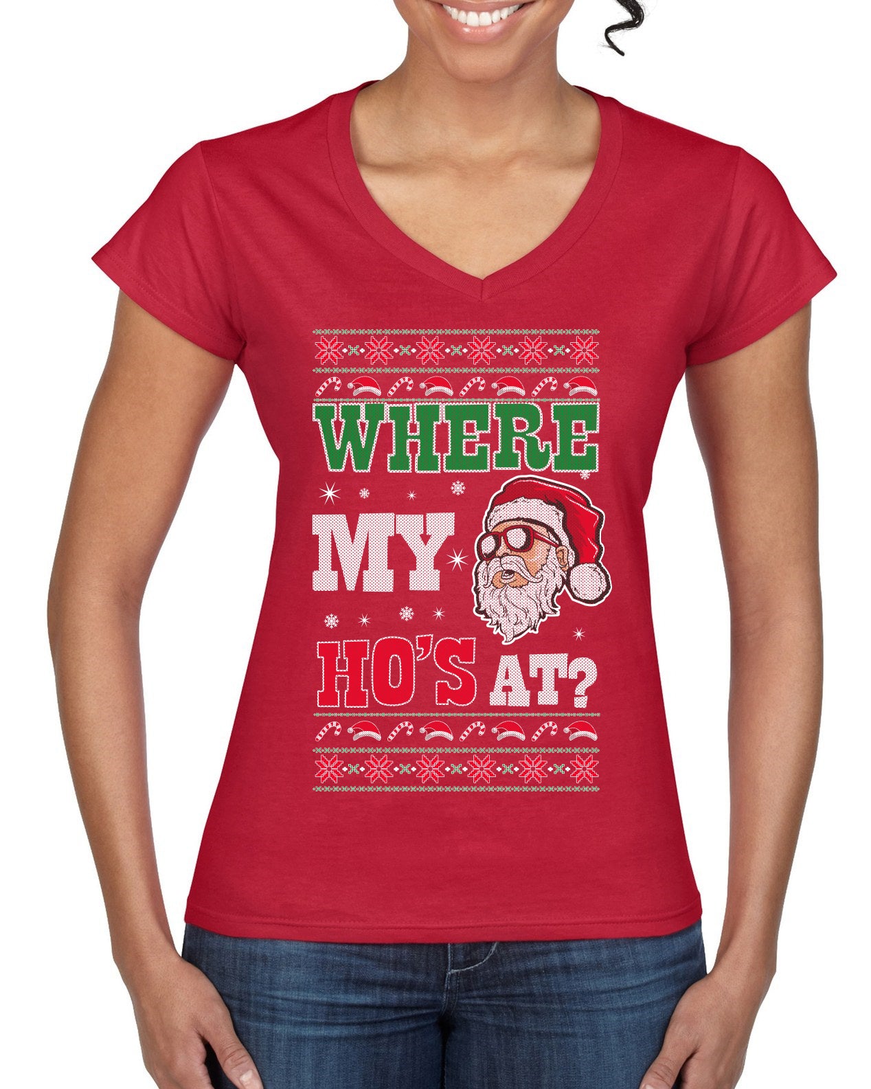 Where my Hos At Santa Funny Ugly Christmas Sweater Women’s Standard V-Neck Tee