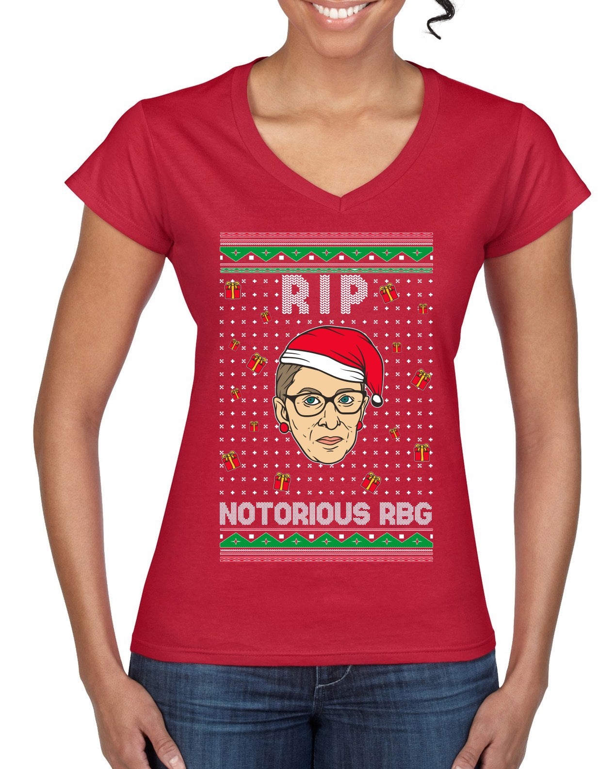 RIP Notorious RBG Ruth Bader Ginsburg Ugly Christmas Sweater Women’s Standard V-Neck Tee