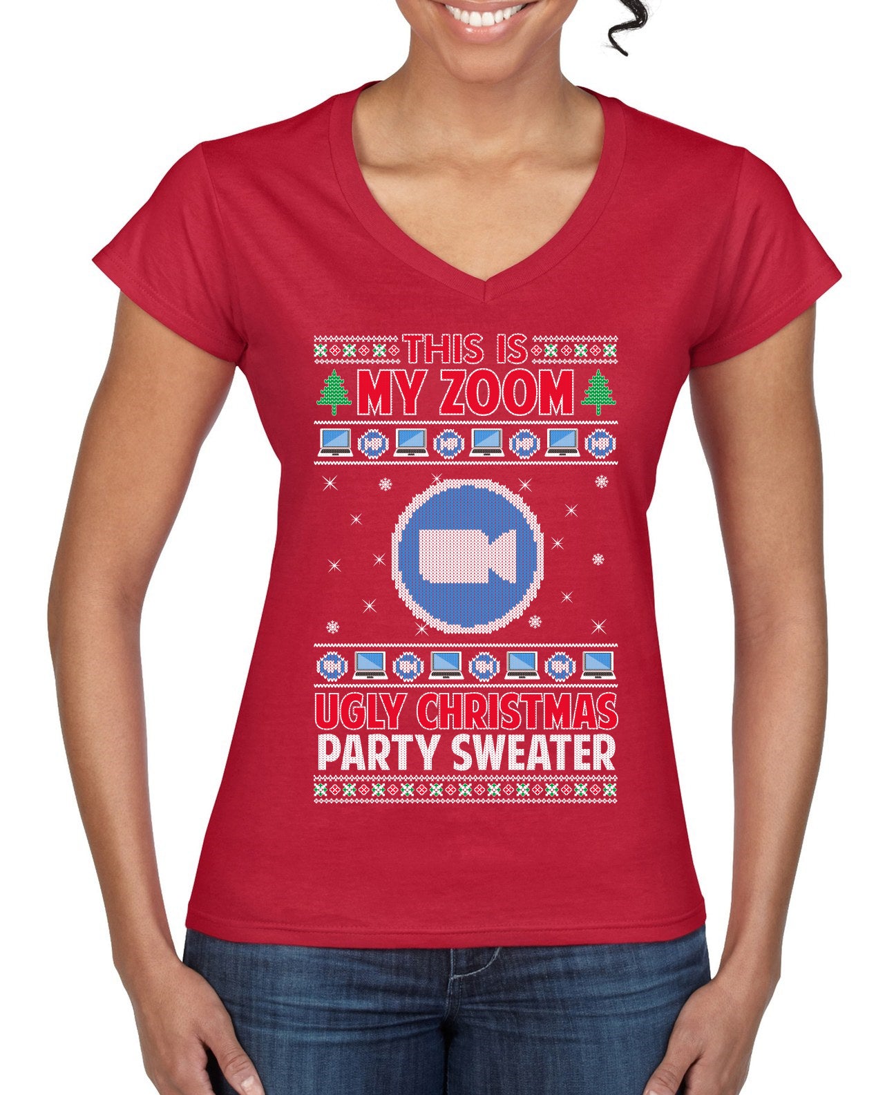 This Is My Zoom Ugly Christmas Party Sweater Ugly Christmas Sweater Women’s Standard V-Neck Tee