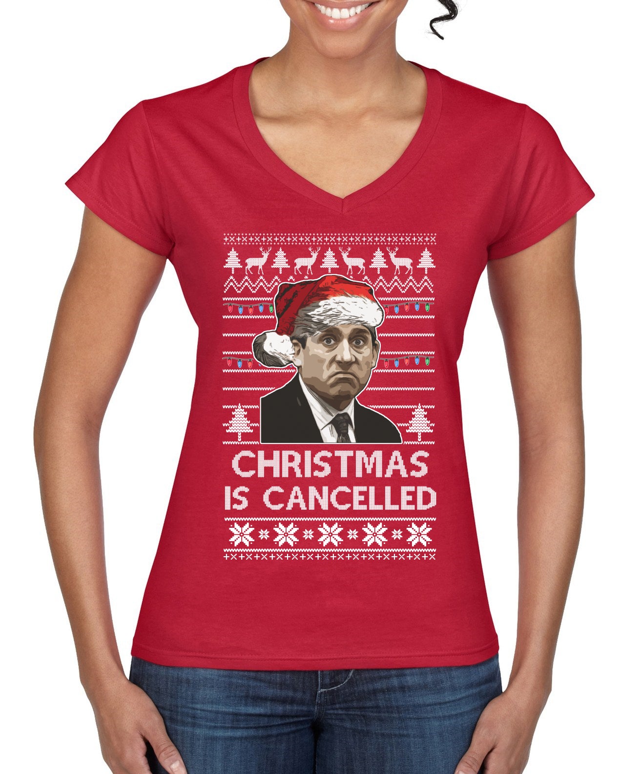 Christmas Is Cancelled Michael Scott Office Ugly Christmas Sweater Women’s Standard V-Neck Tee