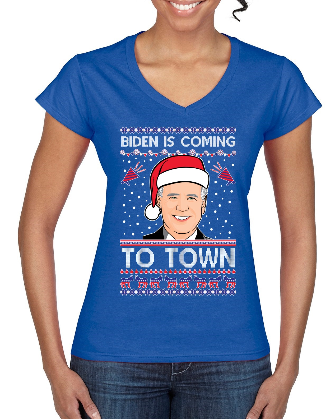 Biden Is Coming To Town Ugly Christmas Sweater Women’s Standard V-Neck Tee