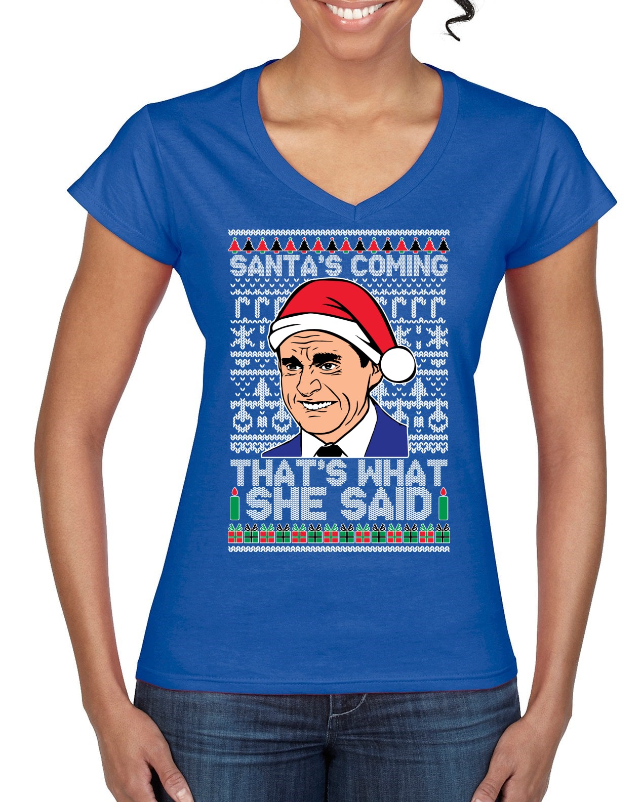 Santas Coming That's What She Said Michael Scott Ugly Christmas Sweater Women’s Standard V-Neck Tee