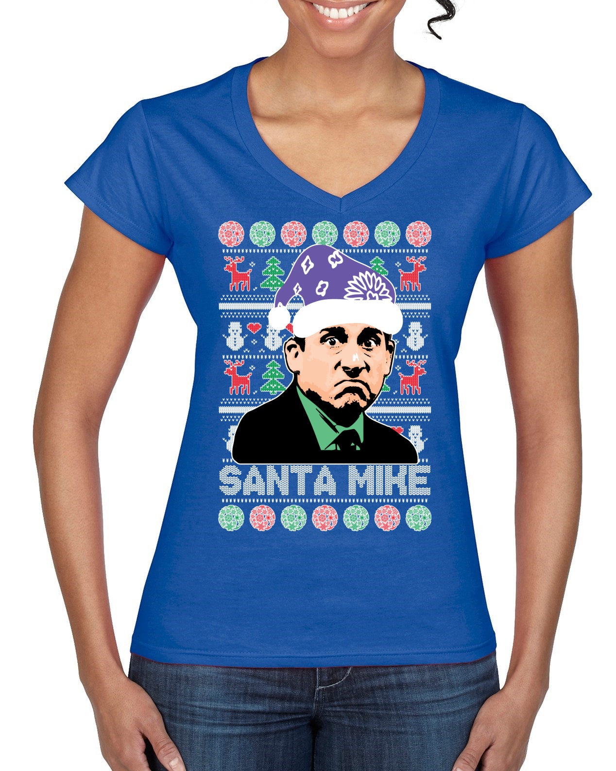 Santa Mike Michael Scott The Office Ugly Christmas Sweater Women’s Standard V-Neck Tee