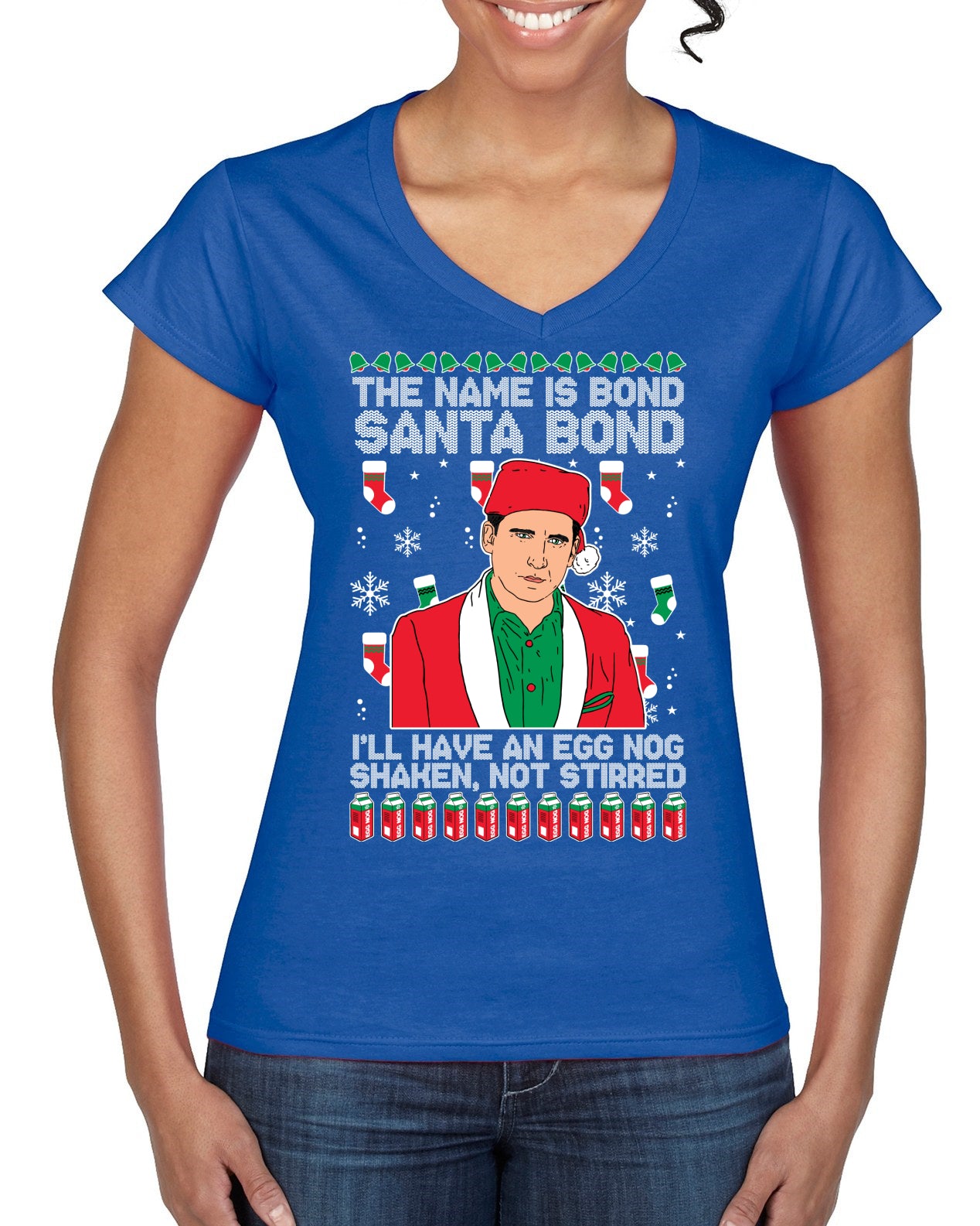 Michael Scott The Name is Bond Santa Bond Ugly Christmas Sweater Women’s Standard V-Neck Tee