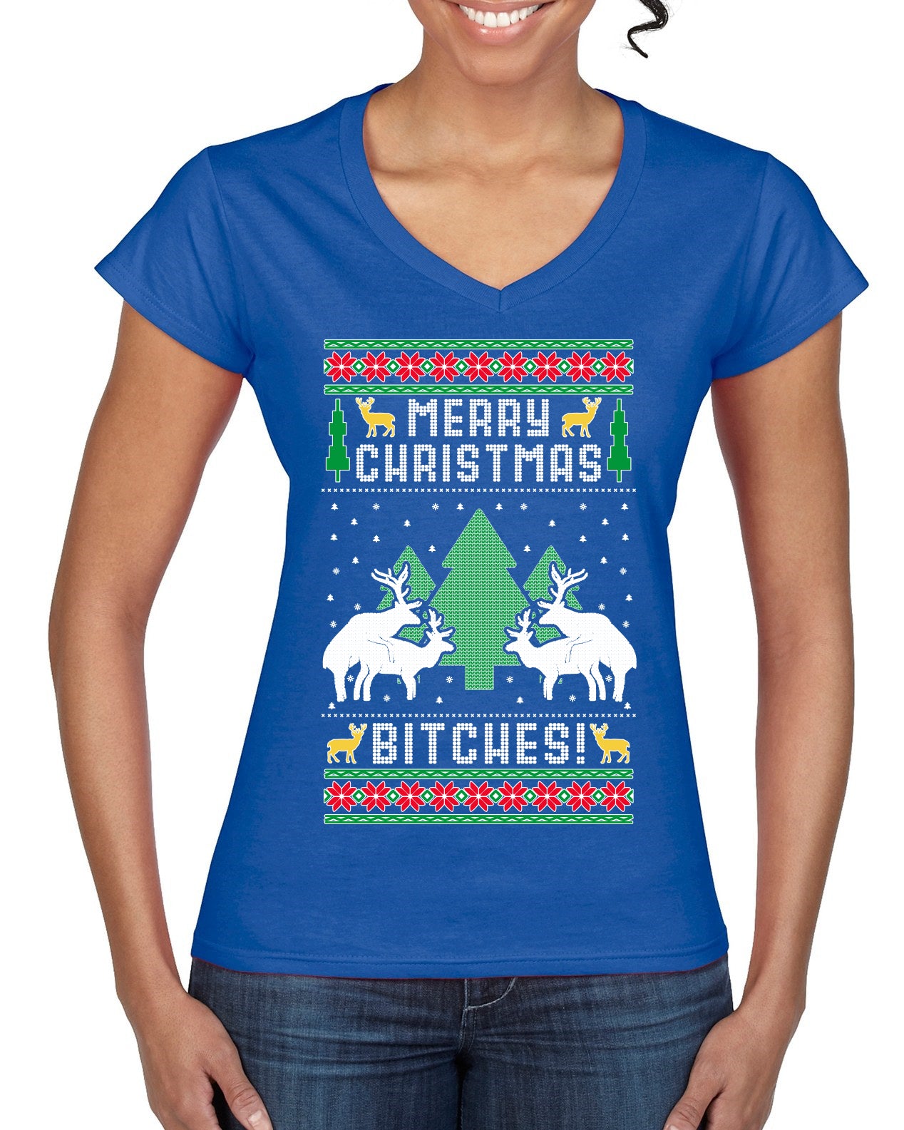 Merry Christmas Bitches Ugly Christmas Sweater Women’s Standard V-Neck Tee