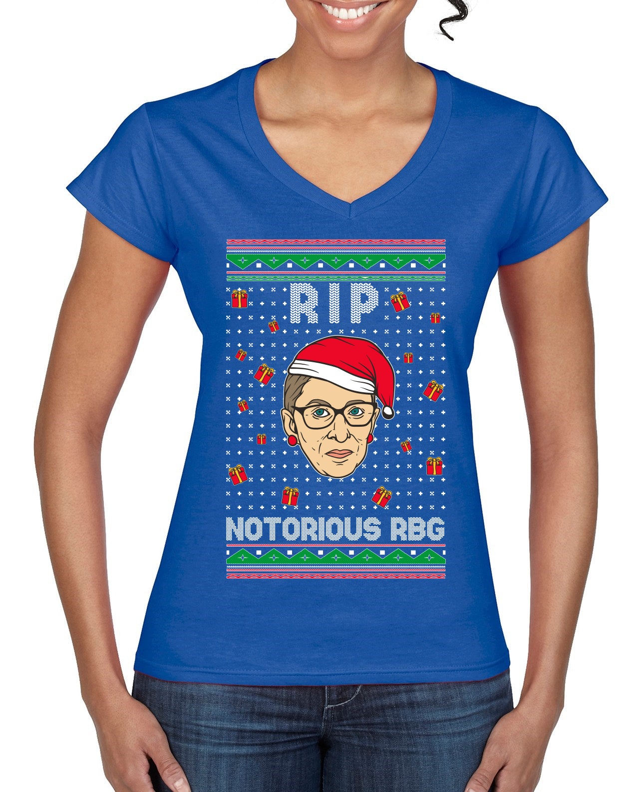 RIP Notorious RBG Ruth Bader Ginsburg Ugly Christmas Sweater Women’s Standard V-Neck Tee