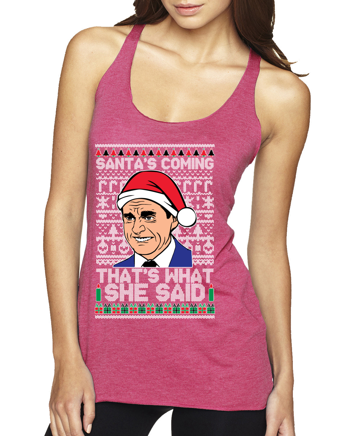 Santas Coming That's What She Said Michael Scott Ugly Christmas Sweater Tri-Blend Racerback Tank Top