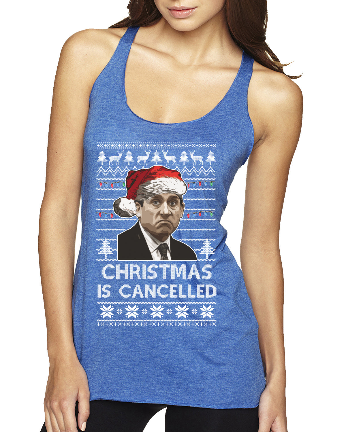 Christmas Is Cancelled Michael Scott Office Ugly Christmas Sweater Tri-Blend Racerback Tank Top