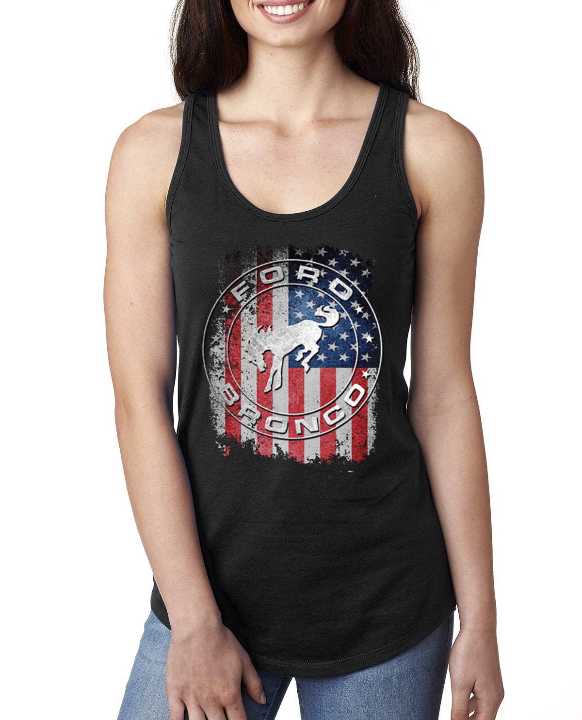 US Flag Ford Bronco Cars and Trucks Ladies Racerback Tank Top