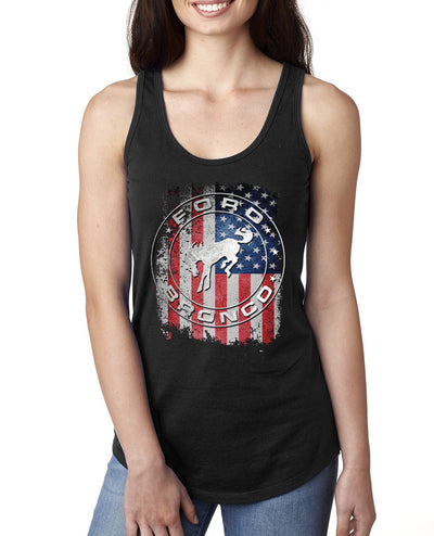US Flag Ford Bronco Cars and Trucks Ladies Racerback Tank Top