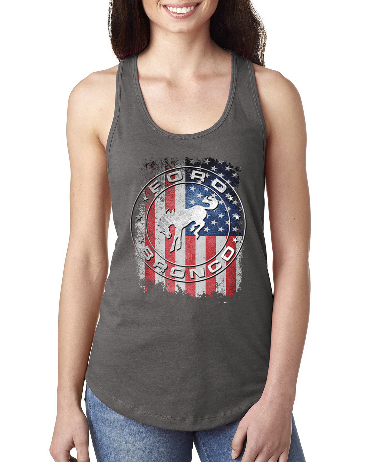 US Flag Ford Bronco Cars and Trucks Ladies Racerback Tank Top