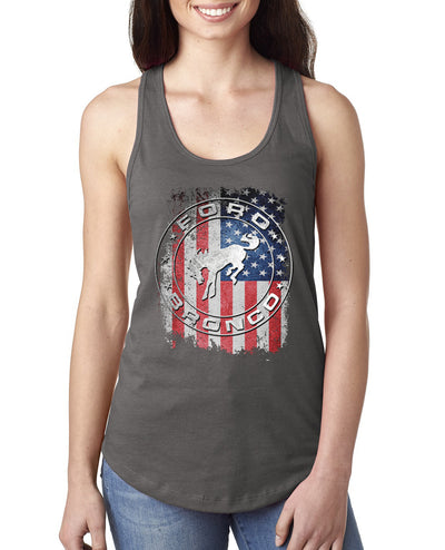 US Flag Ford Bronco Cars and Trucks Ladies Racerback Tank Top