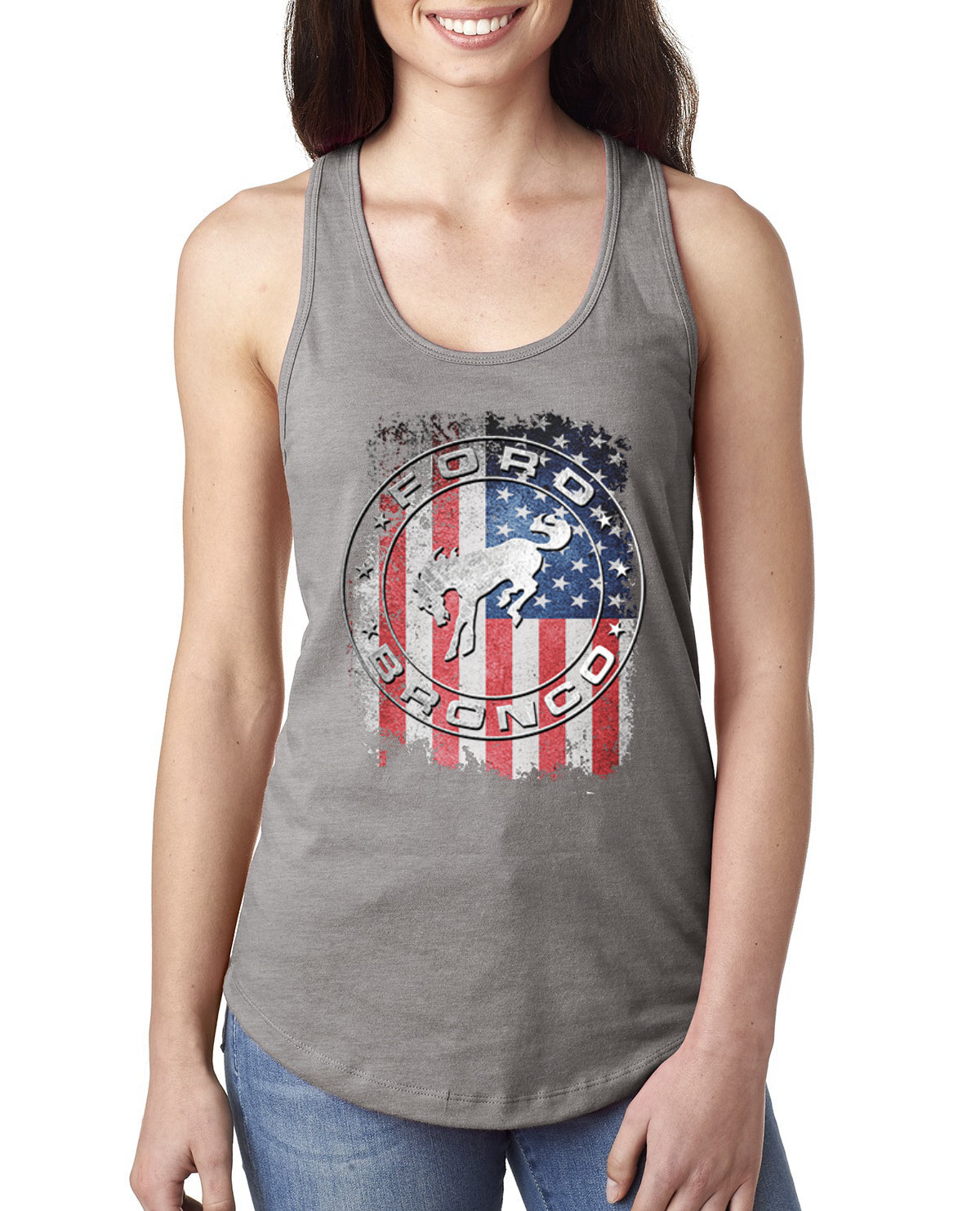 US Flag Ford Bronco Cars and Trucks Ladies Racerback Tank Top