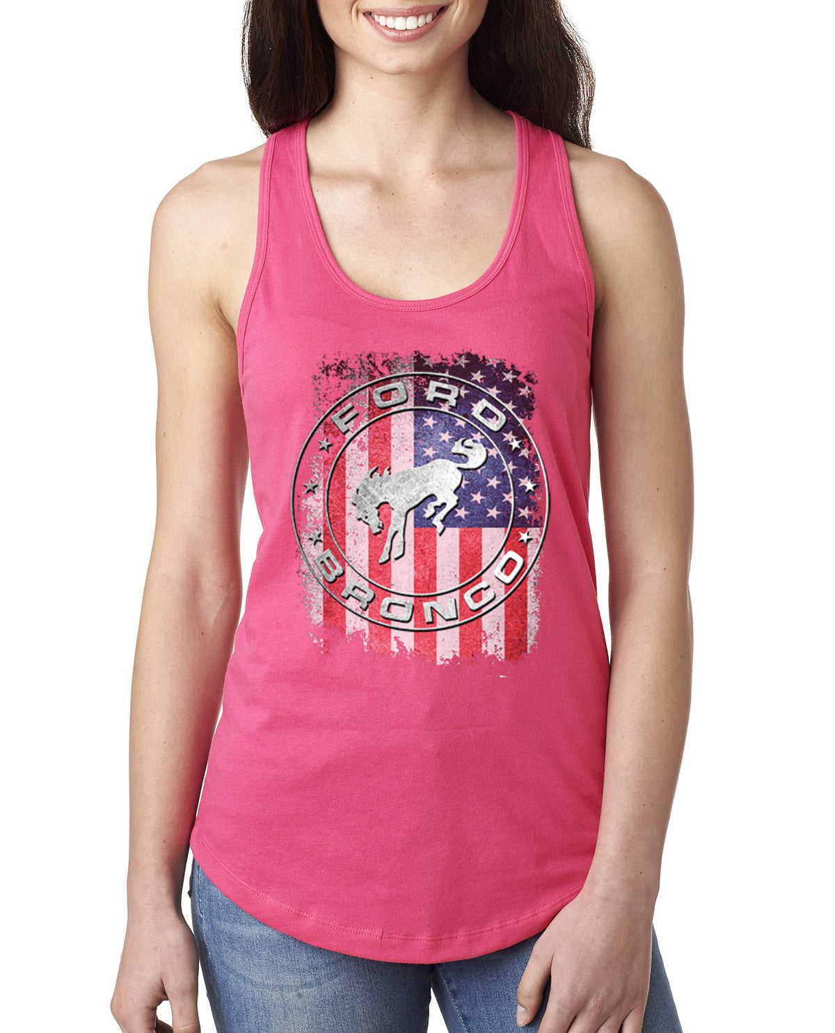 US Flag Ford Bronco Cars and Trucks Ladies Racerback Tank Top