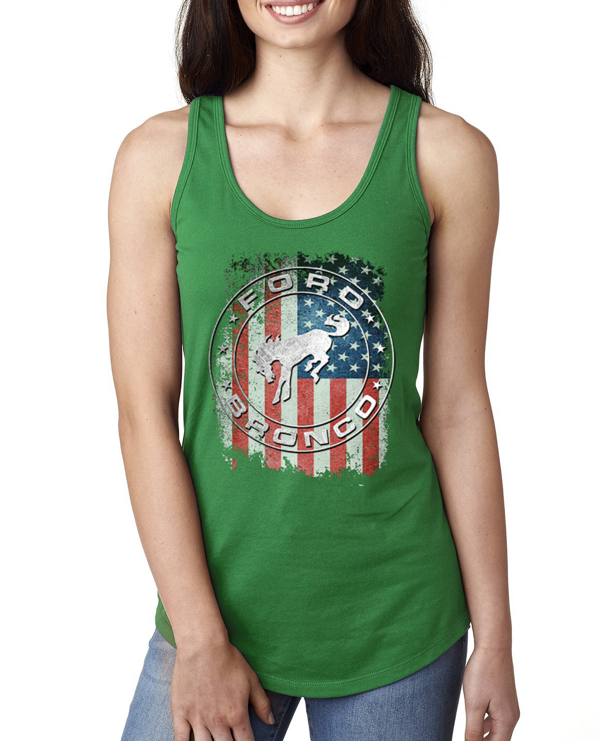 US Flag Ford Bronco Cars and Trucks Ladies Racerback Tank Top