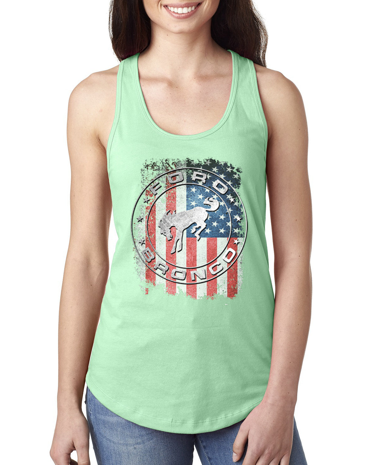US Flag Ford Bronco Cars and Trucks Ladies Racerback Tank Top